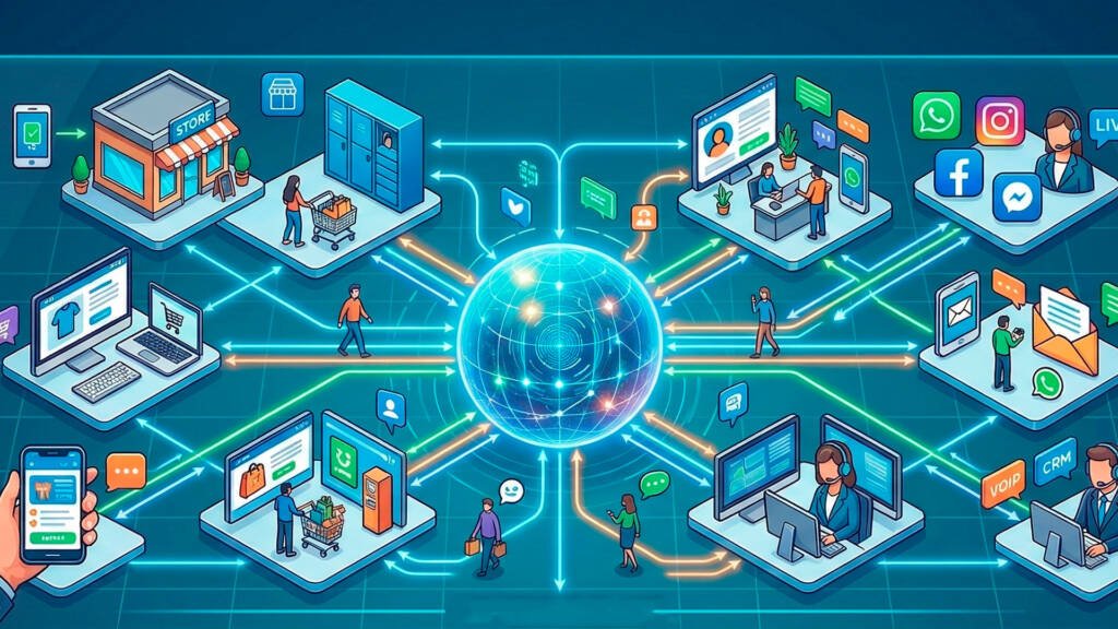 Ilustración isométrica de una plataforma omnicanal conectando canales como WhatsApp, Instagram, Facebook, correo electrónico, CRM y tienda física a través de un nodo central, representando la integración de comunicación empresarial