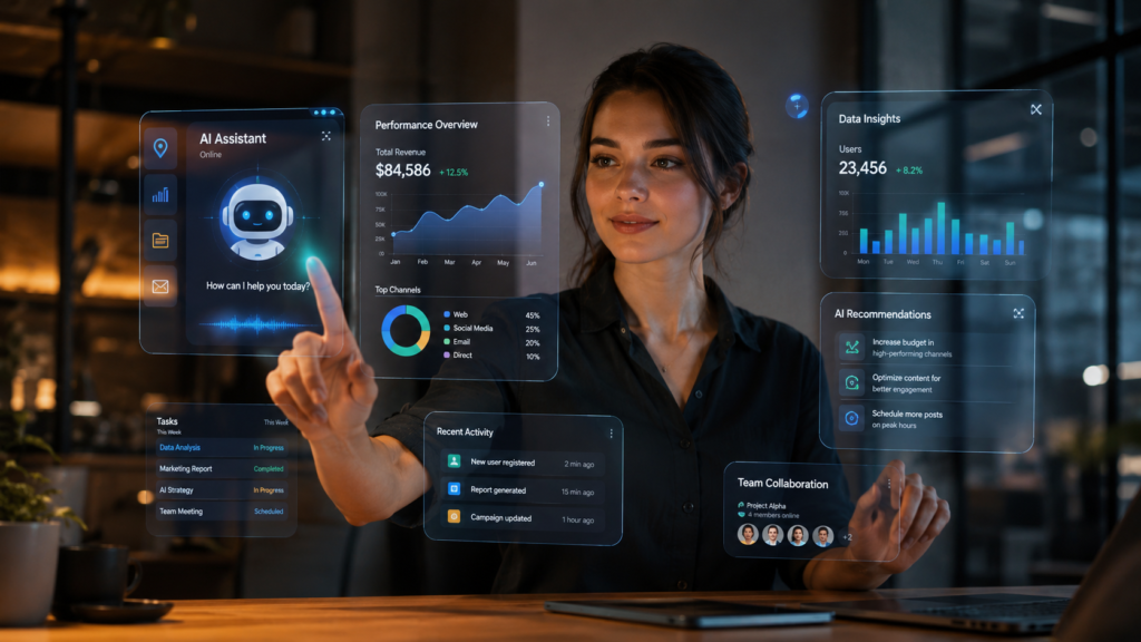 Empresario mexicano usando herramientas de inteligencia artificial en oficina moderna